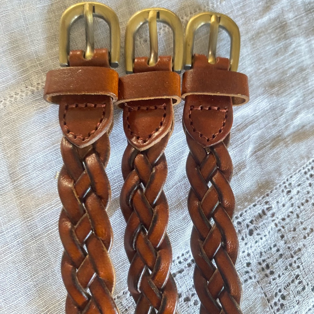 NWOT Triple Strand Solid Brass Triple Buckle Woven Leather Belt  Size L (40”) - Picture 5 of 6